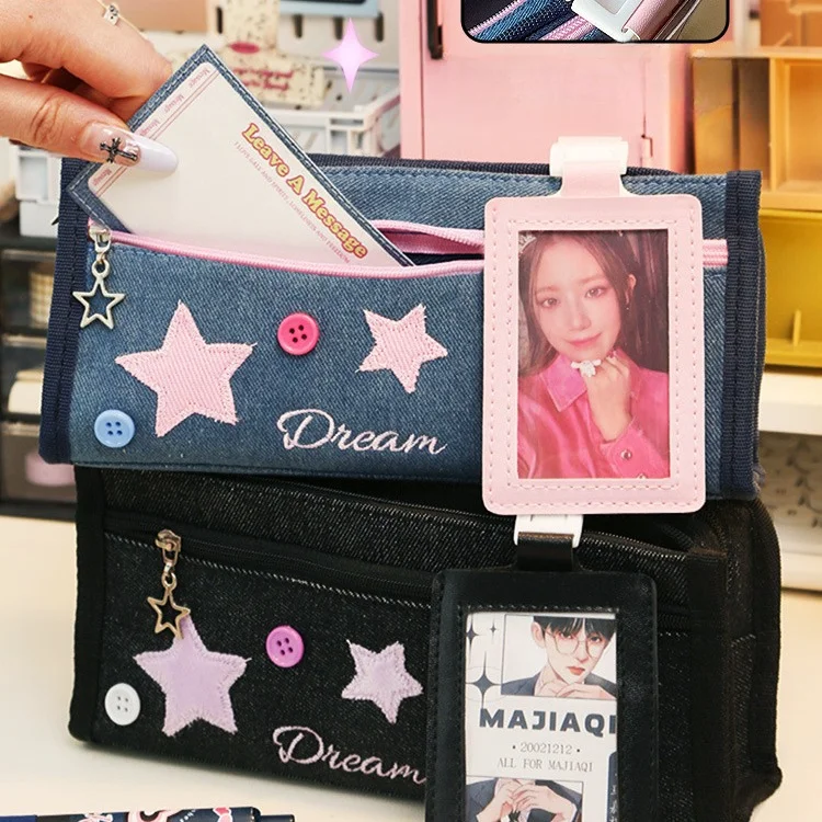 Imagem -05 - American Retro Denim Star Pencil Case Multi-layer Cute Girl Papelaria Pen Pouch com Removível Photocard pu Bolsa 1pc Novo