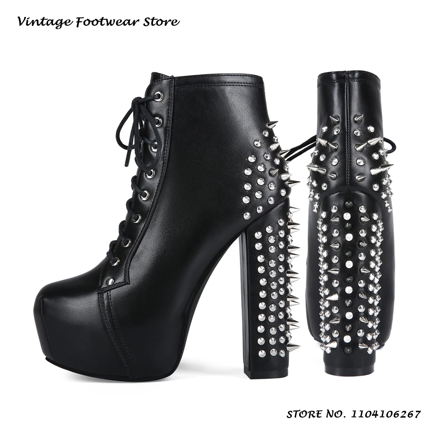 Spiked Platform Ankle Boots Punk Style Round Toe Block Heels Plus Size Shoes Women's Street Style Party Cosplay Lace-up Booties