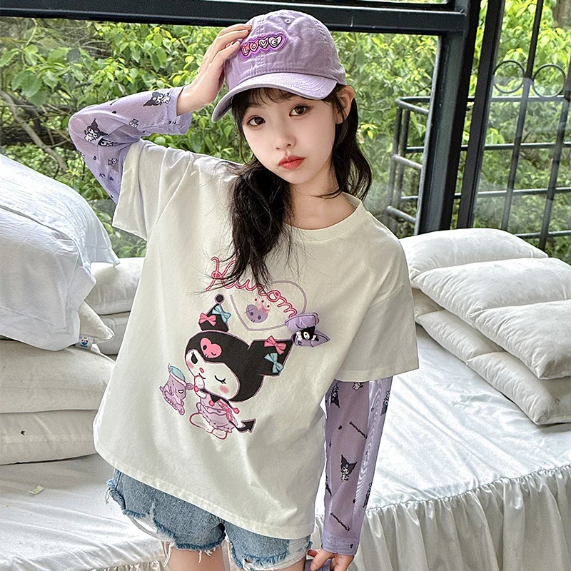 Kawaii Anime Kuromi Girls Short Sleeve Summer Sunscreen Long Sleeve T-Shirt Kids Fashion Cartoon Print Tops Versatile Shirt Cute