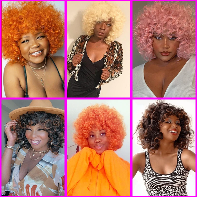 Perucas sintéticas curtas soltas encaracoladas com Franja para mulheres, cabelo natural Cosplay, cabelo Bouncy, peruca afro Kinky Curly, rosa, marrom, gengibre