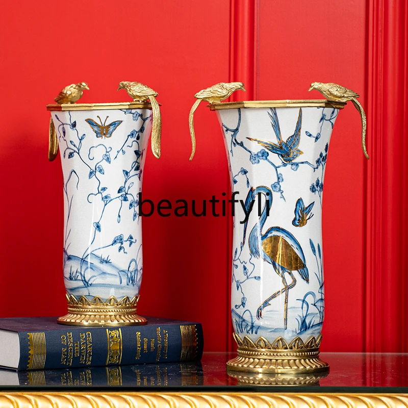 

Декоративное украшение в американском стиле, птица и цветы, ручная роспись, ваза для дома, гостиной, керамический прихожая, ремесло