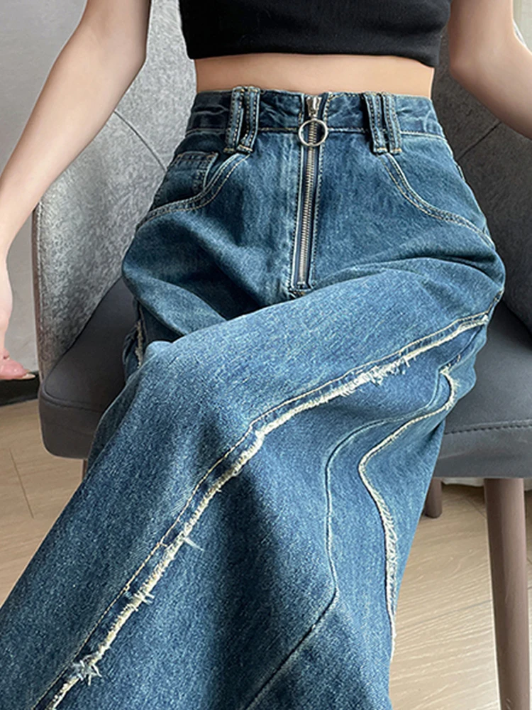 

American Retro High Waist Oversized Jeans Pants For Women Casual Wide Leg Grunge Streetwear Zipper Blue Denim Trouser