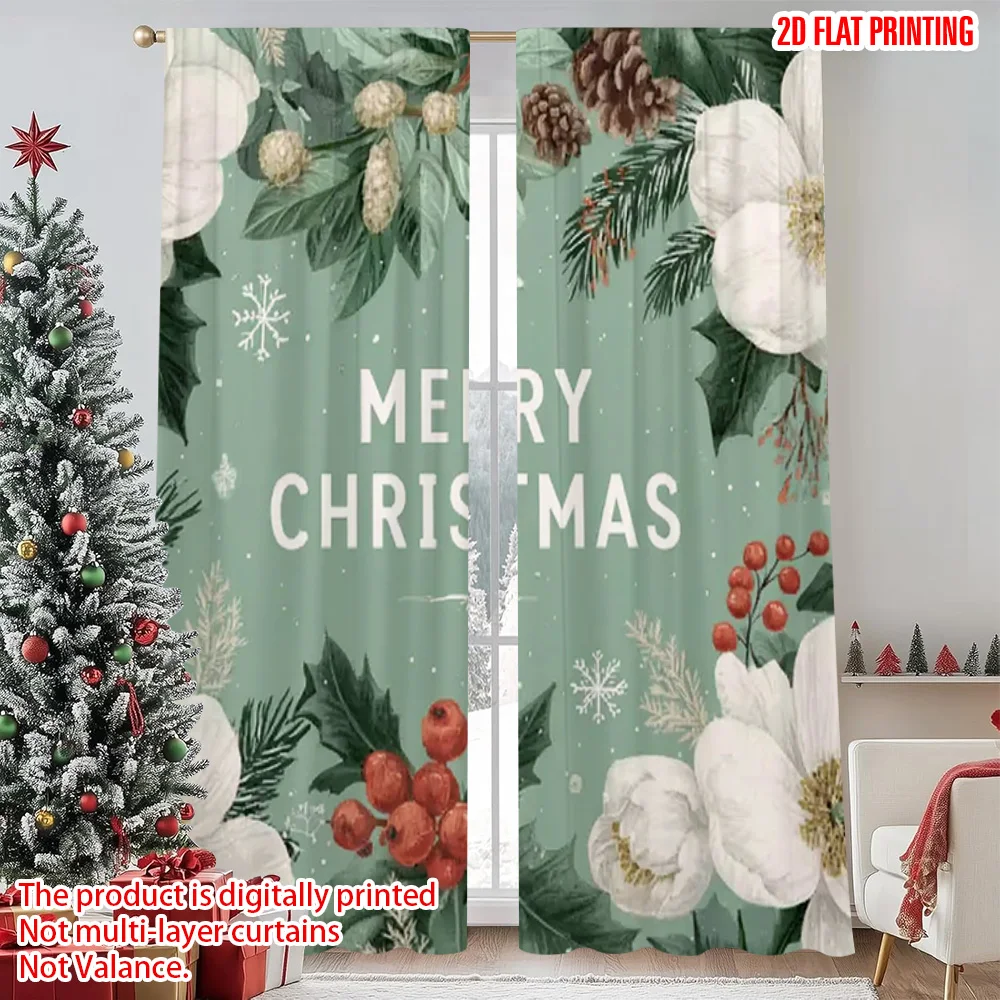 

2pcs 2D flat printing Merry Christmas Popular Window Curtains Christmas Flowers Durable Polyester Without Electricity Festive
