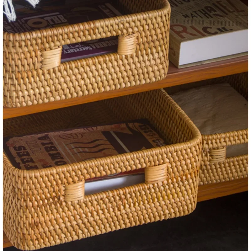 Large Rectangular Storage Basket Natural Rattan Woven Cosmetic Box Book Toy Sorting Case Exquisite And Practical Desk Organizer