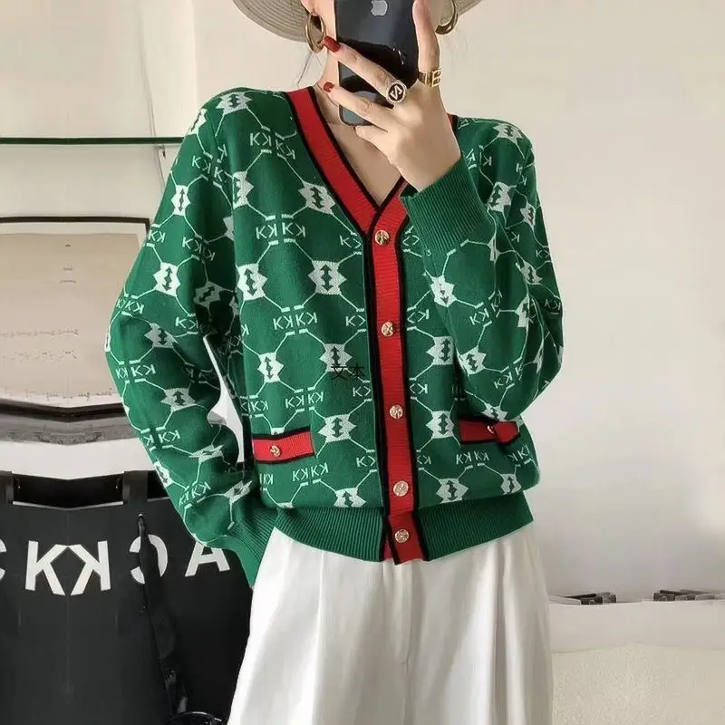 Temperament Office Lady Simplicity Women Clothing Printing Buttons Fashion Loose Autumn Winter Thin V-neck Long Sleeve Sweaters