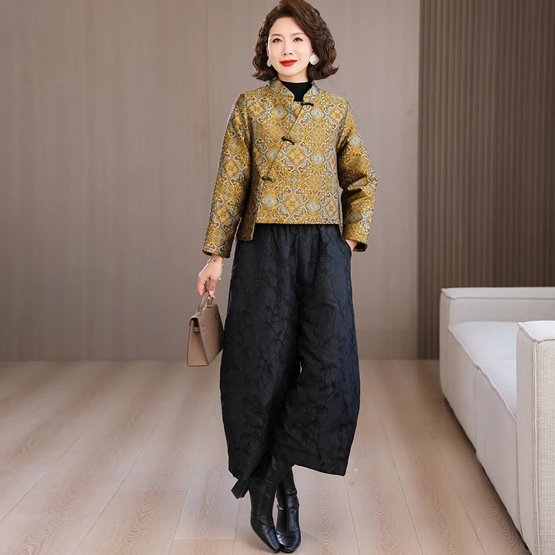 New 2026 Chinese National Style Women's Jacket Embroidered High-End Fashionable Versatile Cotton Coat Wide Leg Pants Set
