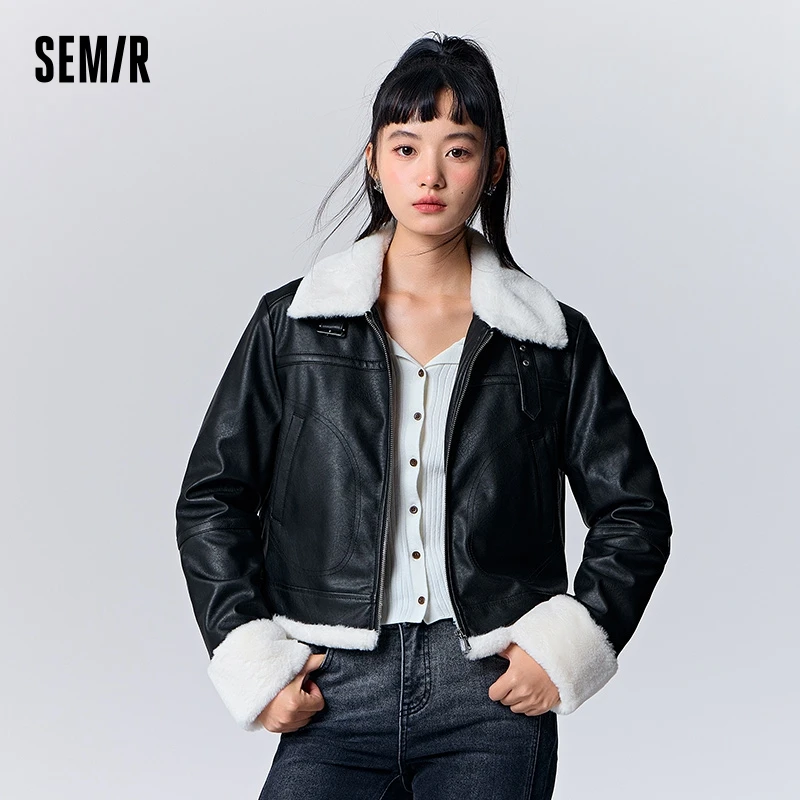 Semir Jacket Women Short Quilted Lapel 2023 Winter New Trendy Cool PU Imitation Leather Jacket