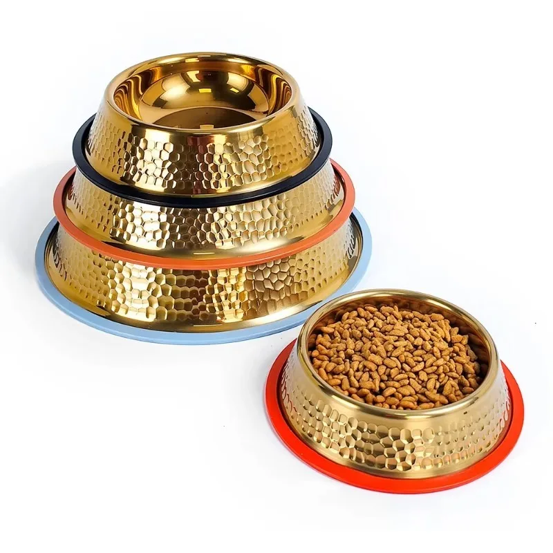

Luxury Stainless Steel Pet Bowl with Non-Slip Base for Dogs and Cats - Hammered Gold Design