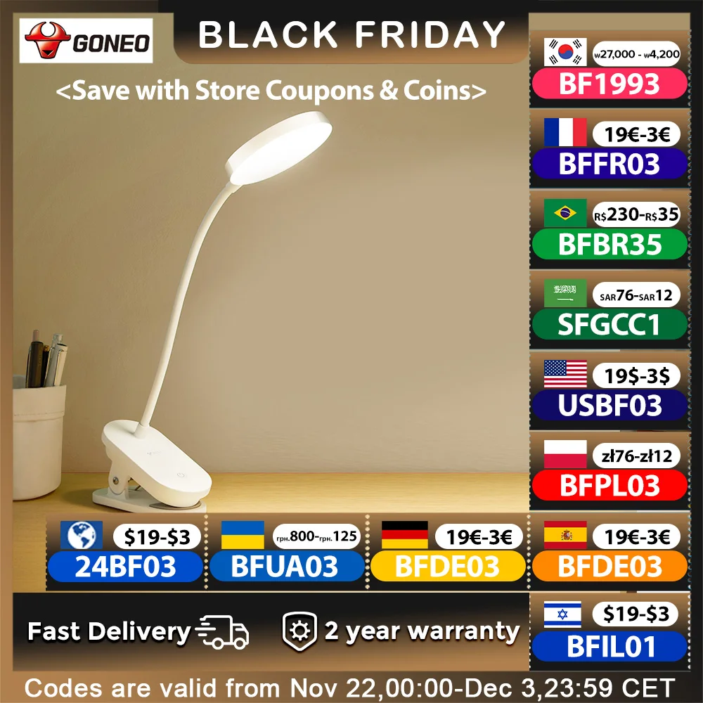 Goneo Eye Care LED Desk Lamp Stepless Dimming Table Clamp Light USB Rechargeable Blue Ray Protection Reading