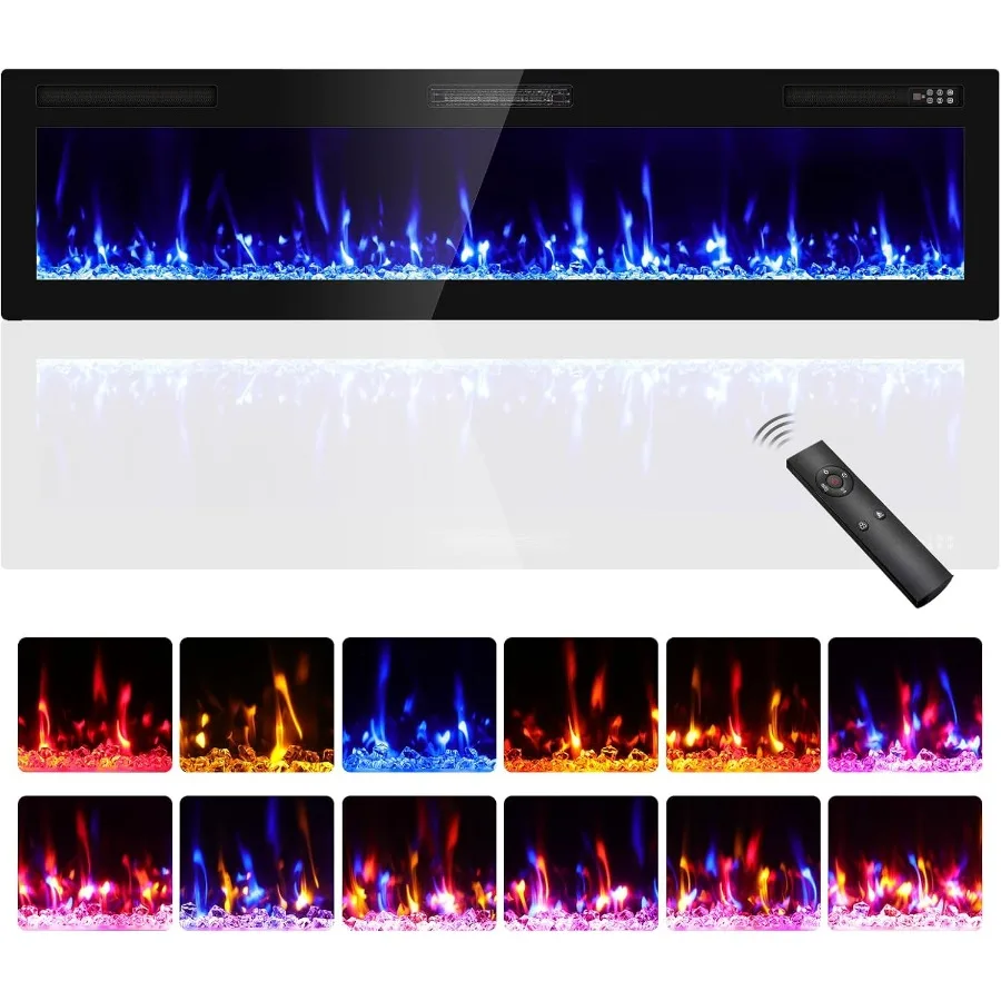 

72 inch Narrow Bezel Electric Fireplace Wall Mount Recessed Ultra Slim with Remote Control Timer Adjustable Flame 750W 1500W Bl