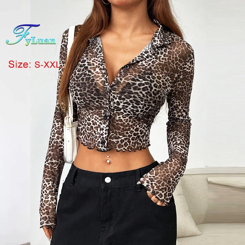 

European And American Women's Mesh Shirt Leopard Print Single Breasted Black Fungus Edge Turn Down Collar Long Sleeved Crop Top