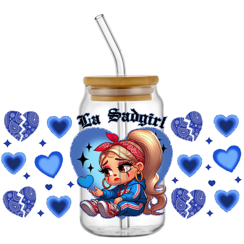 

Broken Heart Cartoon Girl UV DTF Cup Wrap Transfer Waterproof Decals for Glass 16oz Transfers Stickers Cup Decals