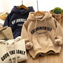 Sudaderas con capucha gruesas y cálidas para mujer, sudaderas con estampado de letras Harajuku, sudaderas de terciopelo con bolsillos salvajes, jerséis con capucha, Otoño e Invierno