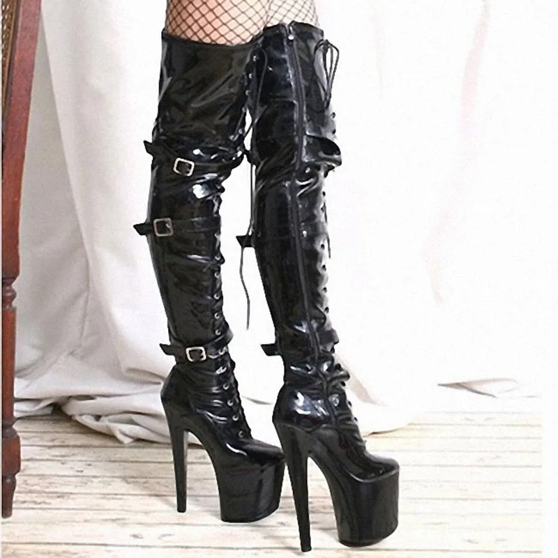 20 CM High Stripper Heeled Patent Leather Lace Up Thick Platform 8 Inches Over The Knee Women Boots Nightclub Pole Dancing Shoes