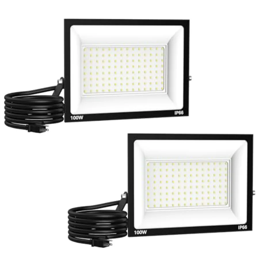 

100W Flood Light Outdoor: 2 Pack 10000LM Bright LED Plug-in Flood Light IP66 Waterproof 100-265V 6500K Daylight White Plug-and-
