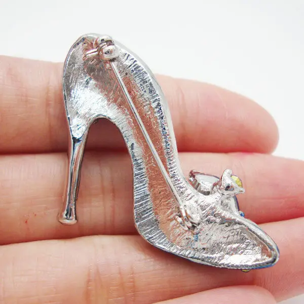 Vintage Blue Lady High-Heel Shoe Silver-plate Brooch Pin Rhinestone Crystal Fashion Luxury Female Party Breastpin Socialite Gift