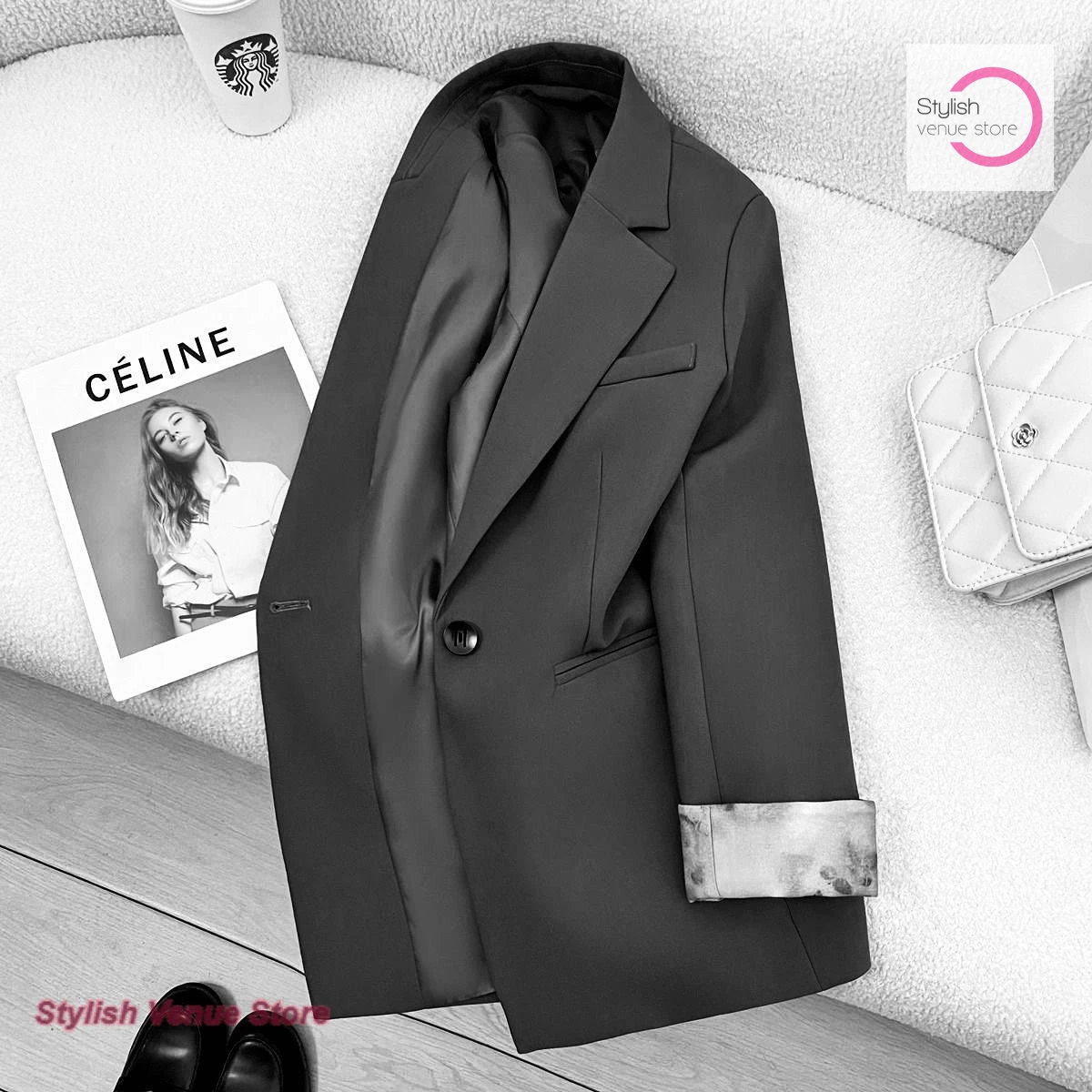 

Korean style gray stitching advanced design sense suit jacket women's autumn and winter casual relaxed temperament casual suit