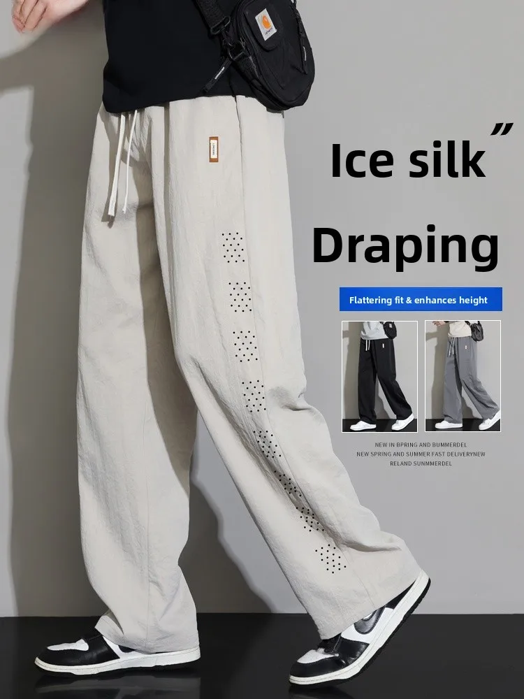 

Men's Summer Lightweight Loose Straight Leg Ice Silk Pants Qui Dry Casual Trousers Knife Bendable Durable Polyester Fiber