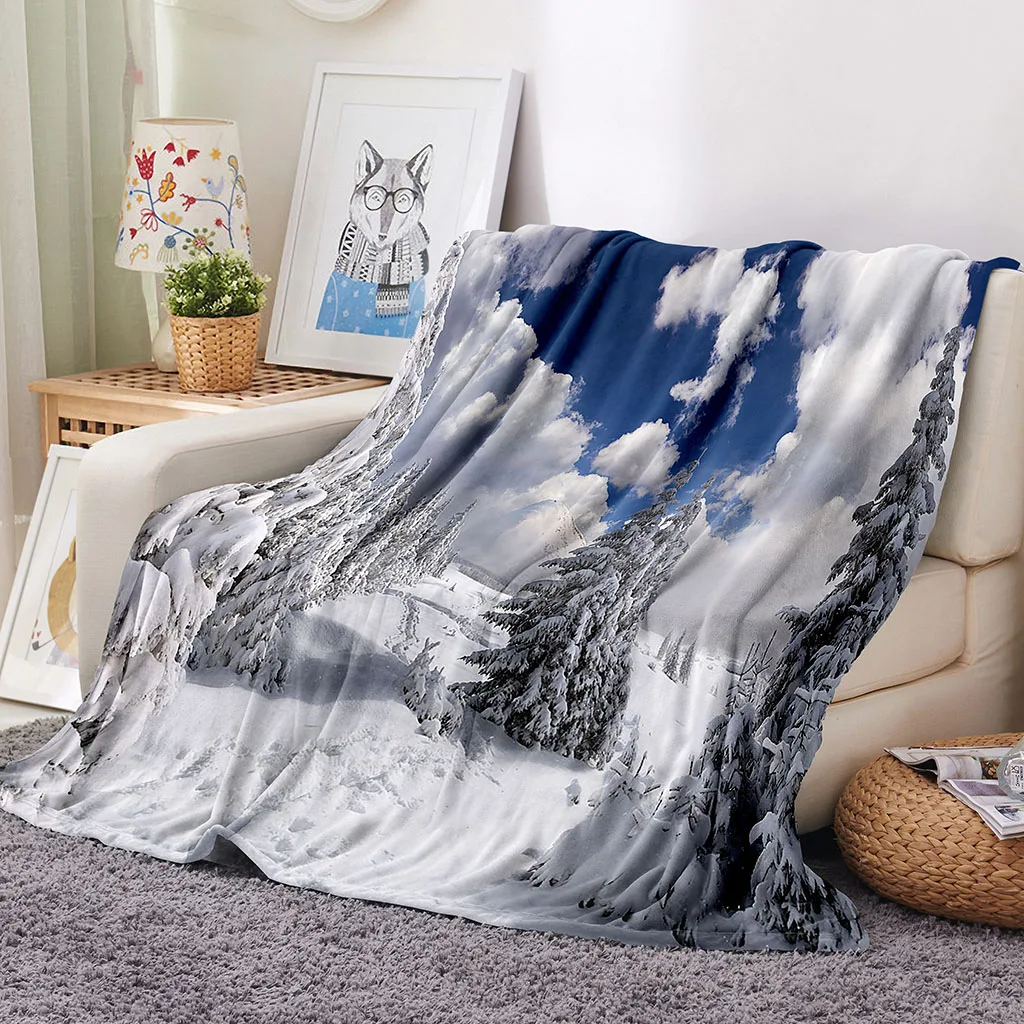 HUANZHUANG Sherpa Blanket 3D White Snow Landscape Pattern Plush Blanket Print Sherpa Blanket For Boys Teens Personalized Blanke