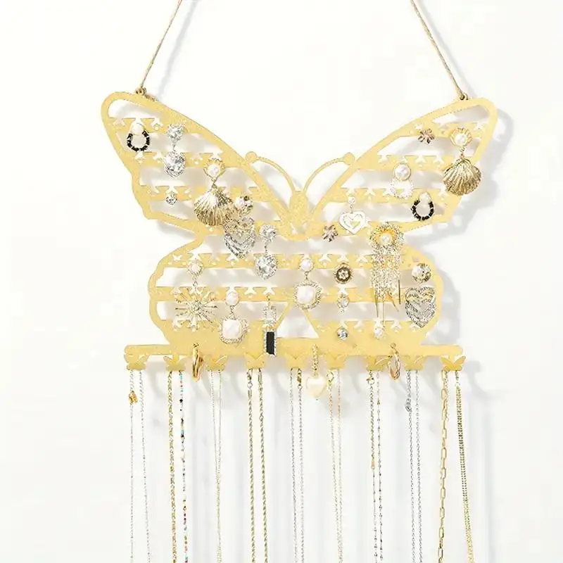 رف مجوهرات مثبت على الحائط على شكل فراشة - رف معلق للمجوهرات للقلائد والأقراط وعرض الأساور والتخزين، أسود،