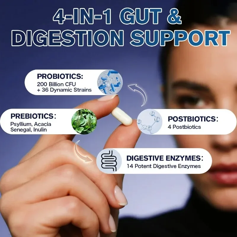 200 Billion CFU Probiotics Containing Prebiotics Digestive Enzymes, Plantago Asiatica - Gut Digestive Immune Support 60 Capsules