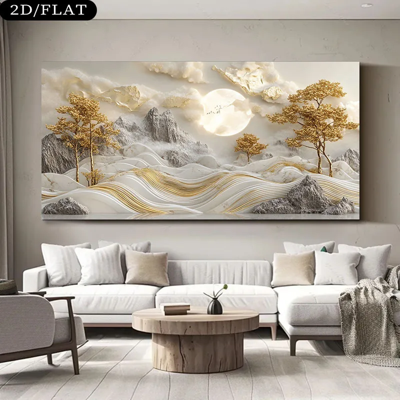 1pc Large Modern Golden Trees Mountain Landscape Canvas Wall Art Prints Unframed Realistic Neutral Nature Canvas Painting Decor