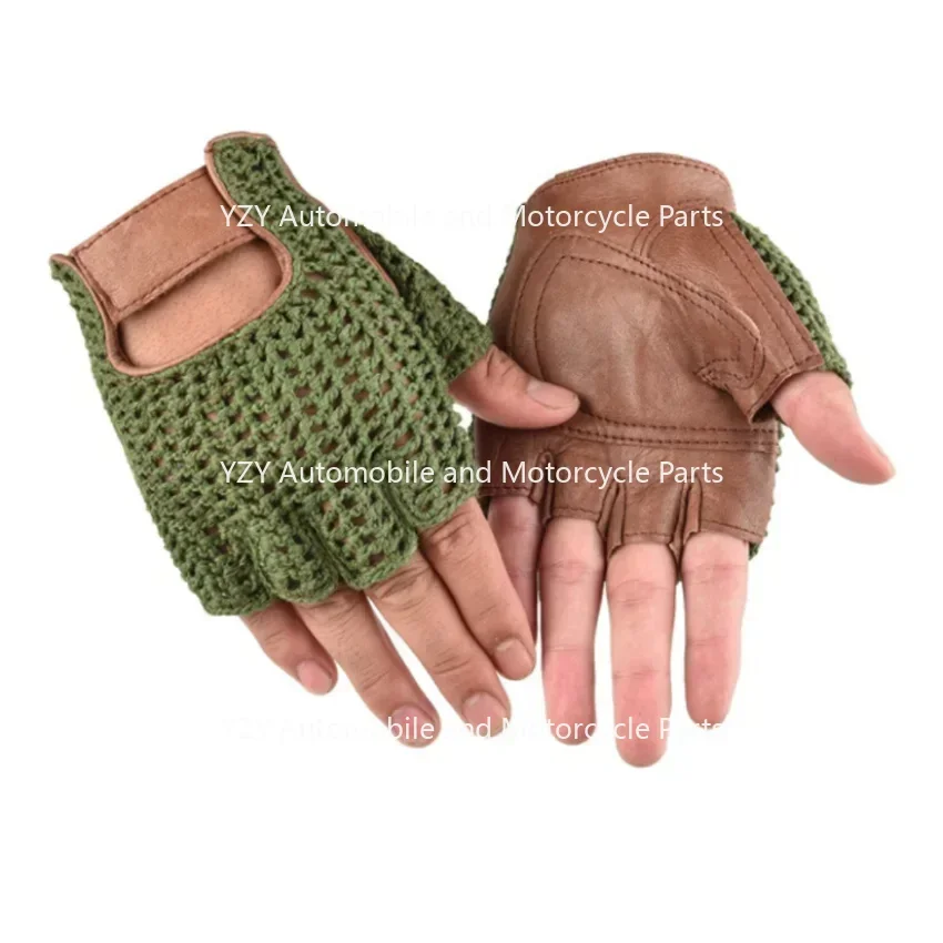 Leather Mesh Fingerless Gloves Motocross Fishnet Car Driving Tactical Gloves Motorcycle Accessories Work Cycling Men's Gloves