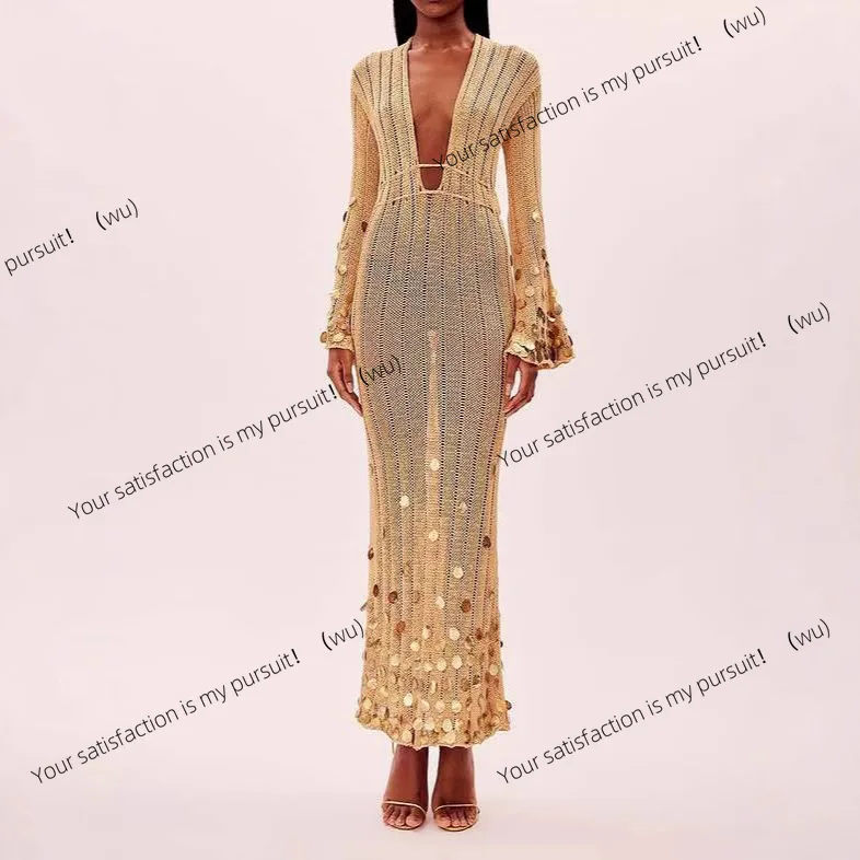 

New temperament V-neck sequined flared sleeve knitted dress