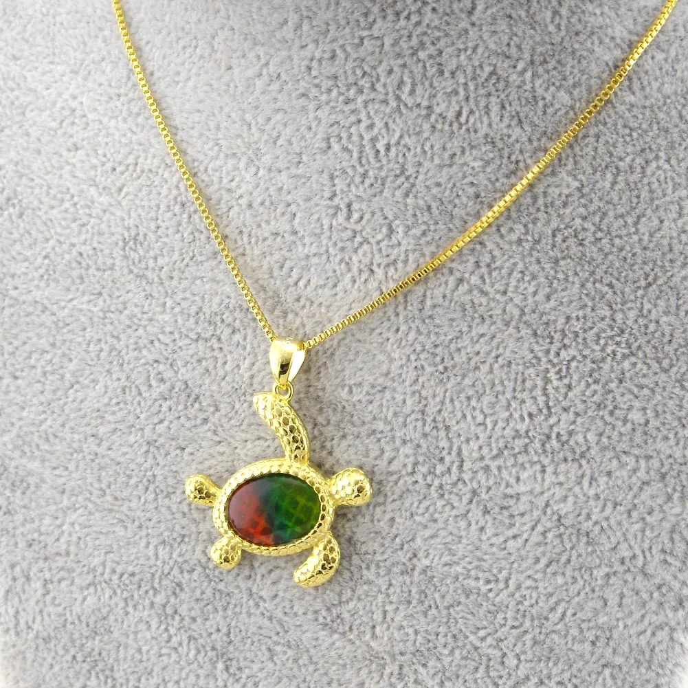 Silver Pendant fire ammolite Necklace cute turtle designs Pendant with Chain