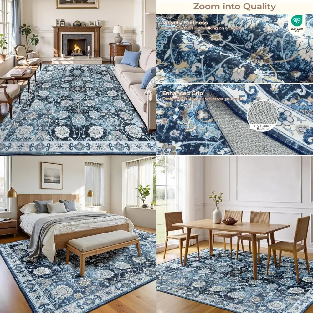 

Blue 8x10 Area Rug for Living & Dining Room, Washable Floral Bedroom Rugs, Large Soft Carpets for Indoor Home Office Dorm Nurser
