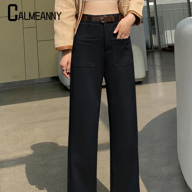 Simple 2024 Autumn Winter Thick Warm Woolen Wide Leg Pants Women's Solid Zipper Button Pocket High Waist Straight Trousers