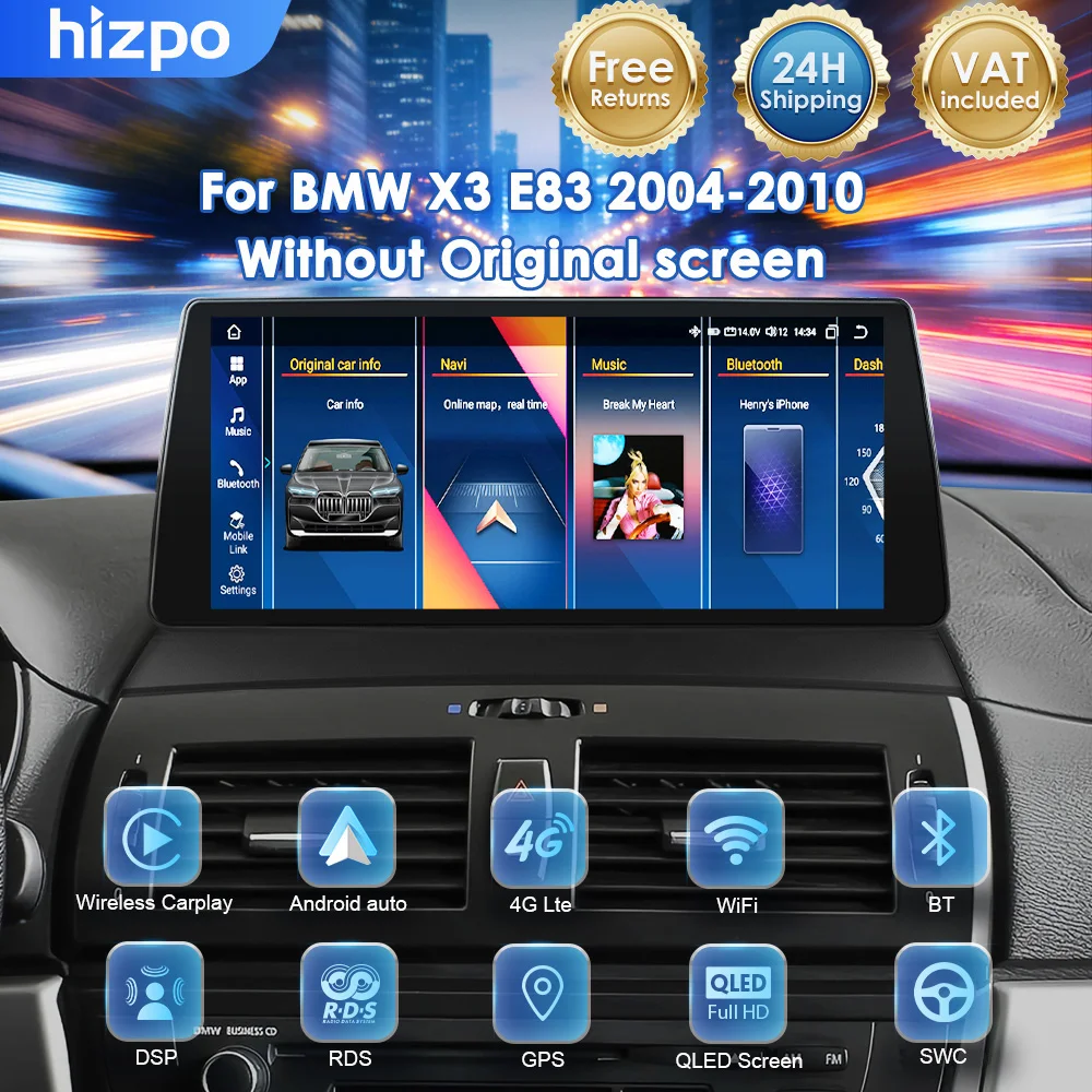 Hizpo Sistema Intelligente per Auto da 10,25 Pollici per BMW X3 E83 2004-2010, Android Auto, Carplay, Lettore Multimediale Video, GPS, Autoradio, DSP