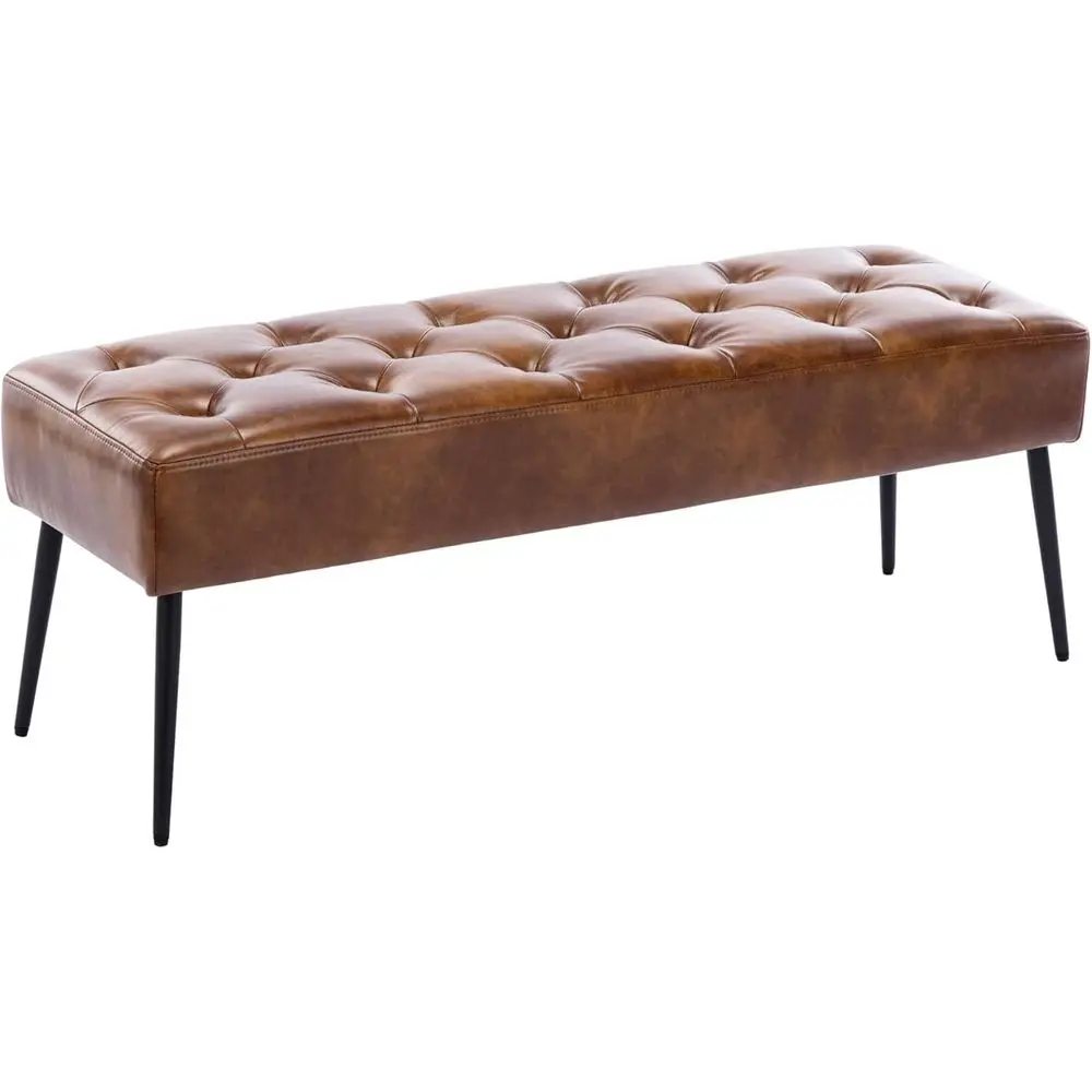 

Upholstered Ottoman Bench with Leather Stool, Accent for Entryway, Dining, Living, and Bedroom Spaces, Yellowish Brown