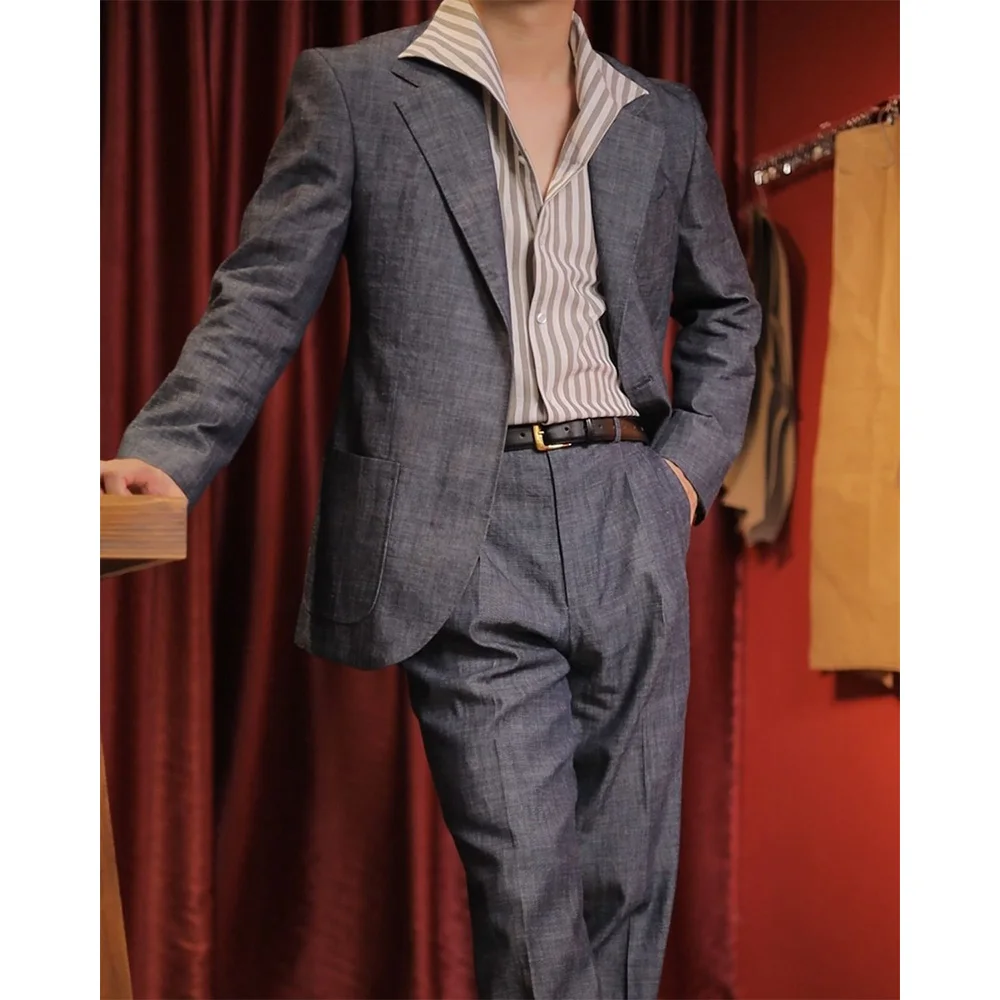 

Men Suit 2 Piece Set Linen Single Breasted Big Pockets Comfortable Work Business Suit Elegant Casual Suit Slim Fit Skinny Formal