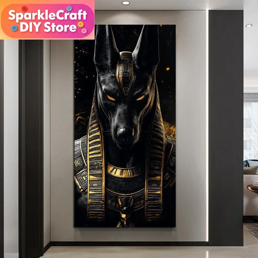 1 kit de peinture diamant DIY sans cadre, grande taille, motif Anubis, dieu égyptien antique de la mort, mosaïque complète, broderie picturale