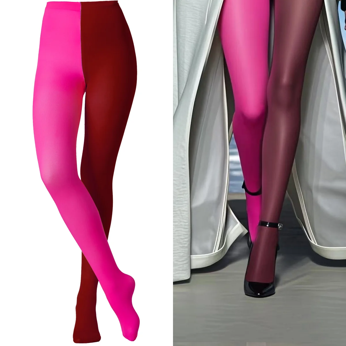 2026 Damen Zweifarbige Dopamin-Farben-Strumpfhose, Zweifarbige Strumpfhose, Asymmetrische Strumpfhose, Duo-Strumpfhose, Zweifarbige Strumpfhose für Damen, 2 Farben – Detail 13