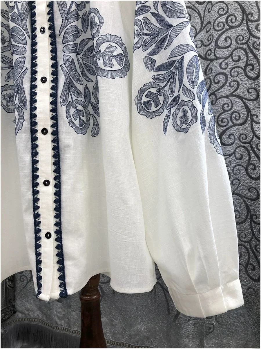 

Spring Summer New Heavy Embroidery Lantern Sve irt Women Loose Slimming Versatile Long Sve Top French Sle Cotton Bl...