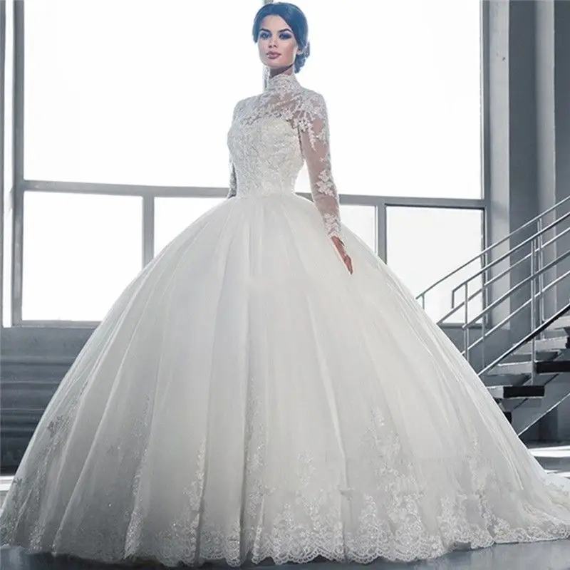 

Illusion Ball Gown Wedding Dress Appliques High Neck Long Sleeve Bridal Gown Long Sleeve Sweep Train Vestido De Noiva Customized