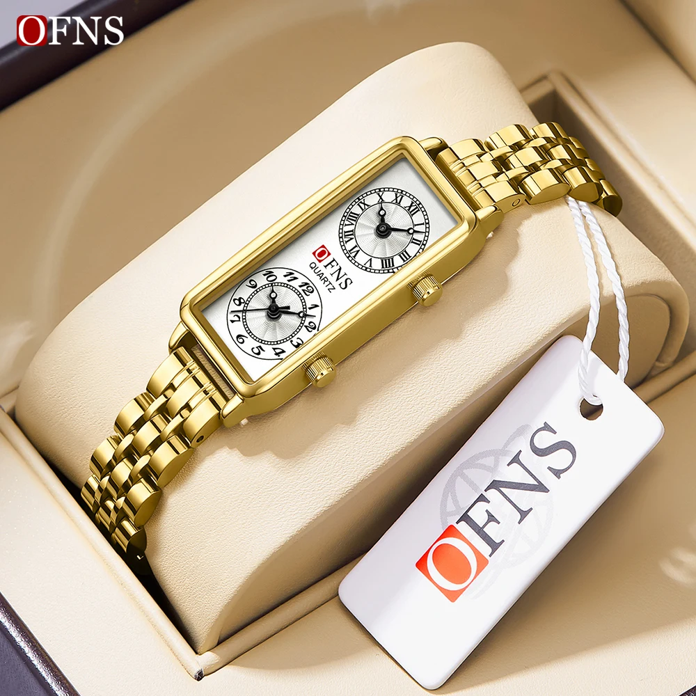 Ofns 1506 High-End Merk Dames Quartz Horloge, Niche Fashion Hot Selling Double Time Digital Roman Quartz Dameshorloge