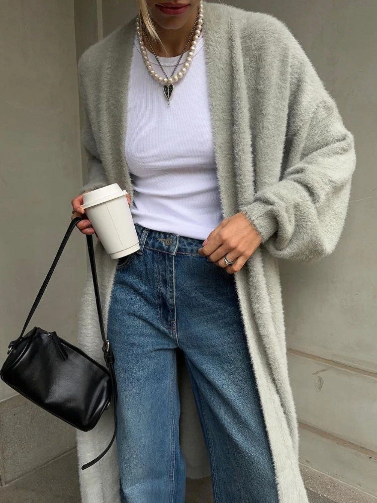 

2024 Autumn Winter Women's Long Cardigans Lazy Style Knitted Sweater with Belt Lady Elegant Mink Cashmere Solid Sweater Coat