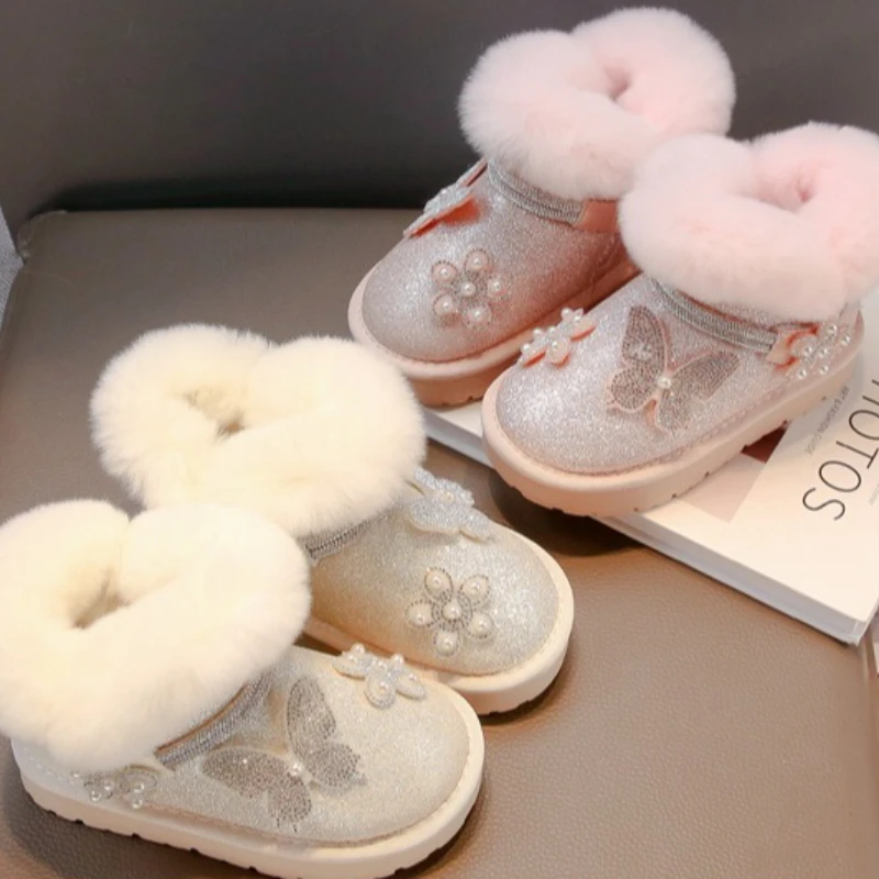 

Botas 2023 Новые зимние детские зимние ботинки с бриллиантами, удобные противоскользящие ботильоны с бантом для девочек, простые универсальные детские повседневные ботинки