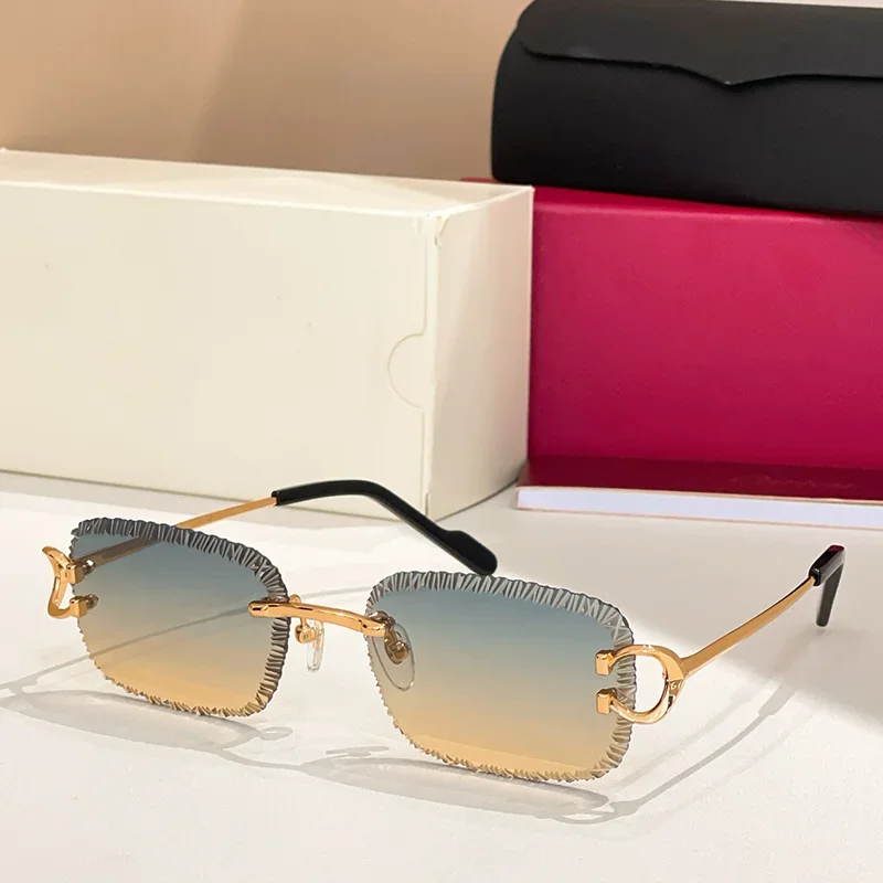 

Light Luxury Diamond Cut Rimless Sunglasses for Male 2025 Trendy Classical Gold Boundless Alloy Solar Glasses for Men