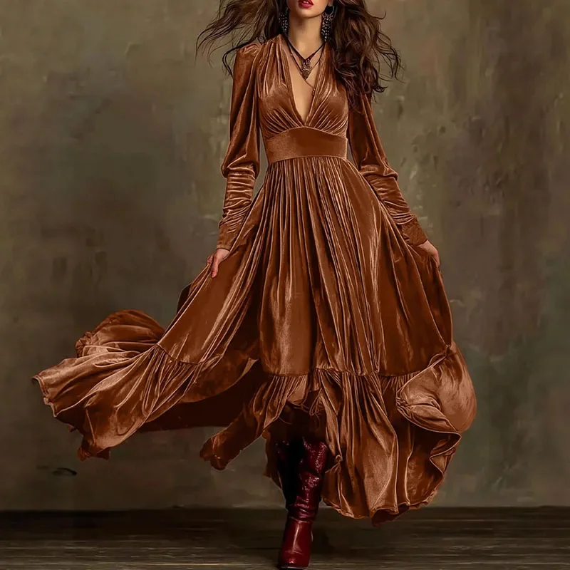 New Retro Solid High Waist Pleated Velvet Dress Woman Sexy Deep V Neck Swing Long Dress Fall Winter Long Sleeve Loose Maxi Dress
