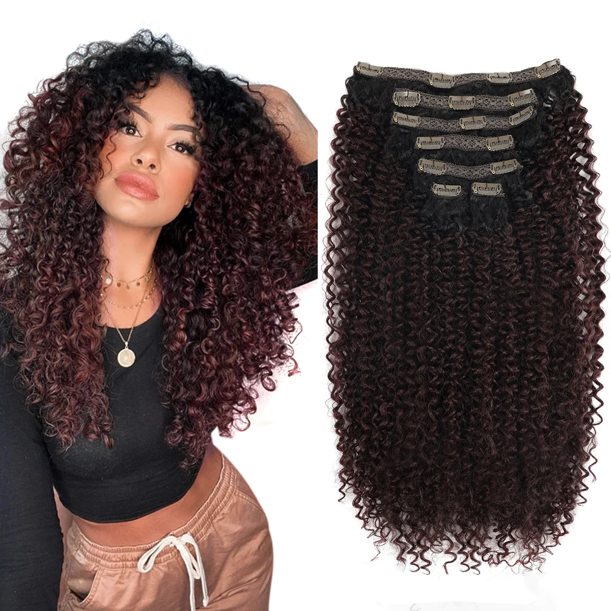 Extension capillaire synthétique à Clip, tête complète longue, 26 pouces, 140g, faux cheveux Afro crépus bouclés, épingle à cheveux noire brune à clipser pour femmes