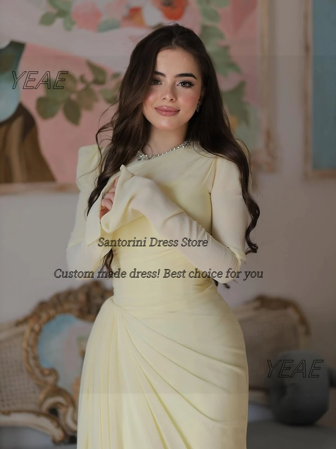 Santorini Evening Dresses Saudi Women Wear Long Sleeves Prom Dress Ruched Sweep Train Vestidos Des Noches Customized