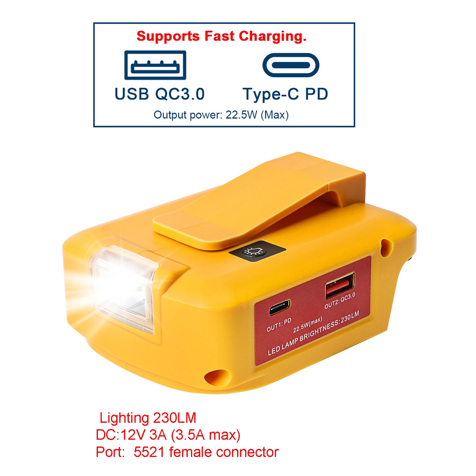 

PD 22.5W Adaptor For Dewalt DCB 18V 20V 54V 60V battery to DIY DC 12V 3A and flashlight USB C and USBA