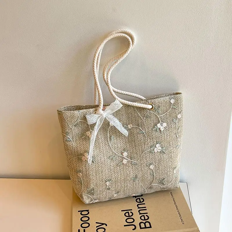 Woven Straw Tote Bag With Floral Embroidery And Lace Bow Detail Shoulder Bag Perfect For Daily Commute Beach Trips Shopping