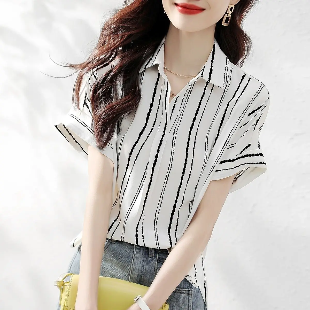 Women's Short Sleeve Striped Buttons, Simplicity, Comfortable, Popular, Intellectual, Generous, Capable, Summer Clothing,Trend