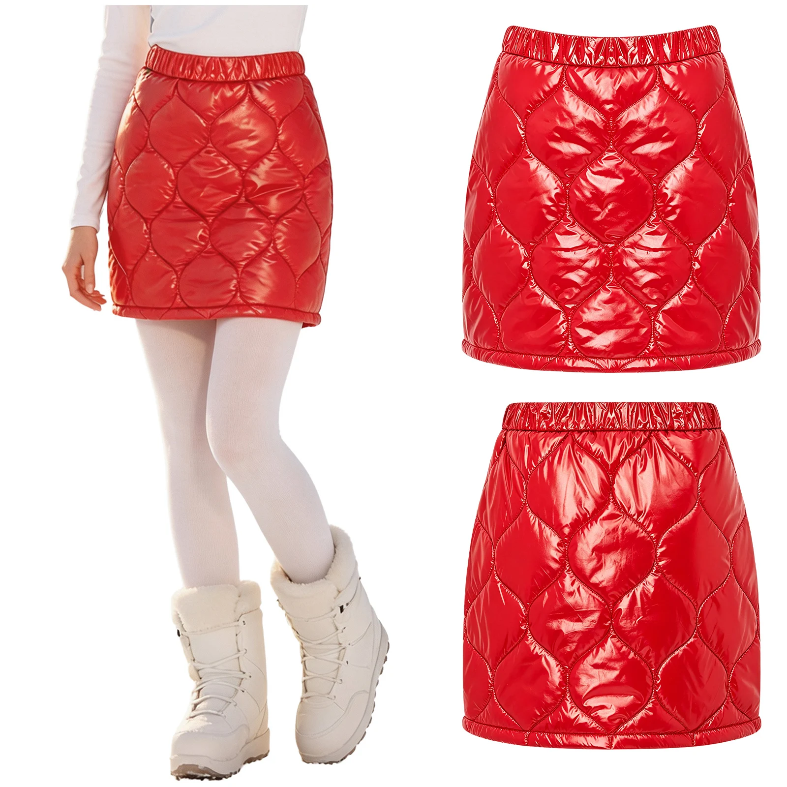 Womens Quilted Puffer Skirt Elastic Waistband Side Zipper A-line Miniskirt Waterproof Padded Skirt for Club Party Hiking Walking