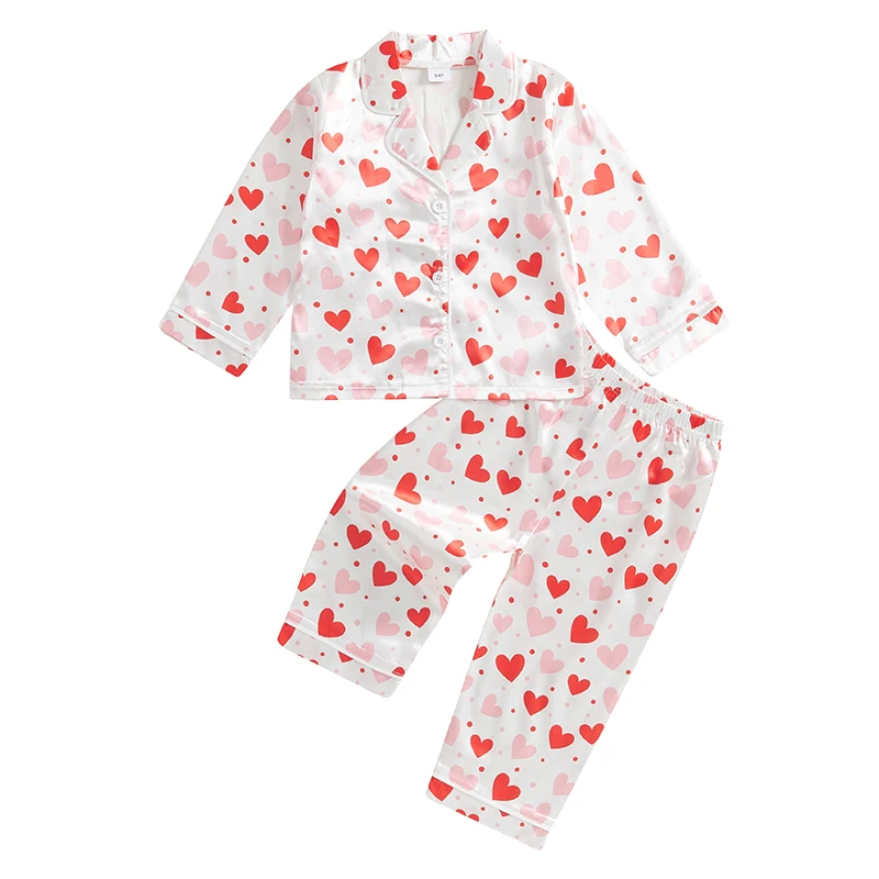 Girls 2PCS Pajama Sets Long Sleeve Lapel Button Up Heart Print Shirt Pants Sleepwear